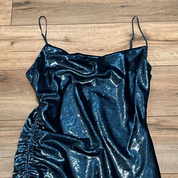 Cinq a Sept Shiny Astrid Mini Dress SZ 12 Teal Topaz Ruched Side Zip Adjustable - Picture 3 of 11